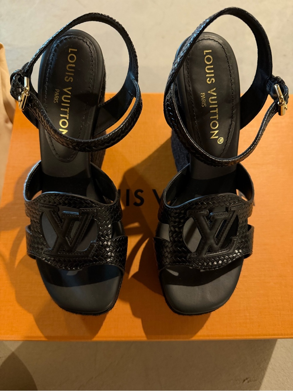 Louis Vuitton Black Woven LV Logo Ankle-Strap Wedge Sandals